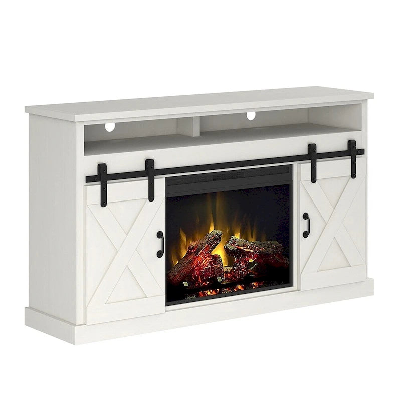 Mueble de TV con Chimenea Eléctrica Estilo Casa de Campo Blanca, Puertas Correderas Tipo Granero, Para Televisores de hasta 80"