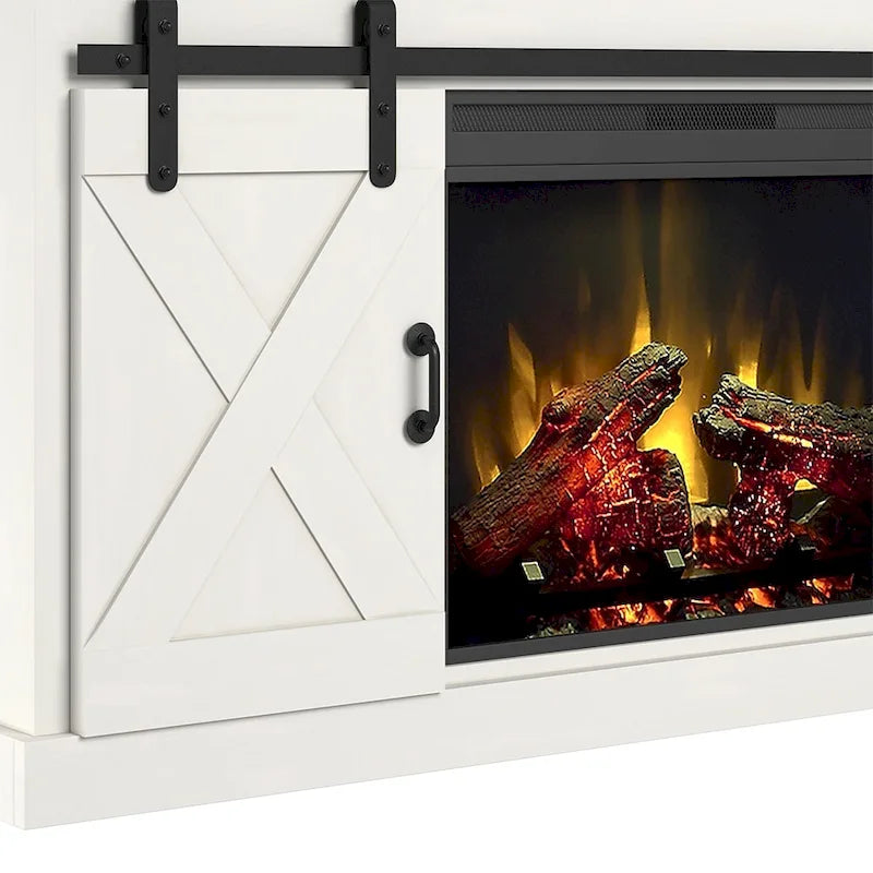Mueble de TV con Chimenea Eléctrica Estilo Casa de Campo Blanca, Puertas Correderas Tipo Granero, Para Televisores de hasta 80"