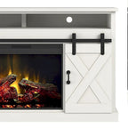 Mueble de TV con Chimenea Eléctrica Estilo Casa de Campo Blanca, Puertas Correderas Tipo Granero, Para Televisores de hasta 80"