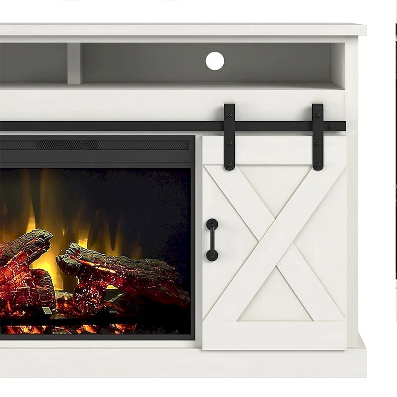 Mueble de TV con Chimenea Eléctrica Estilo Casa de Campo Blanca, Puertas Correderas Tipo Granero, Para Televisores de hasta 80"