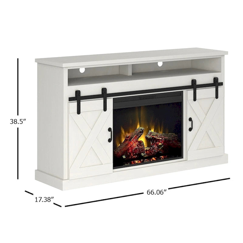 Mueble de TV con Chimenea Eléctrica Estilo Casa de Campo Blanca, Puertas Correderas Tipo Granero, Para Televisores de hasta 80"