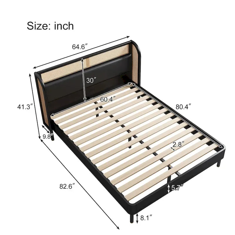 Cama Queen de plataforma de ratán negro, una plaza