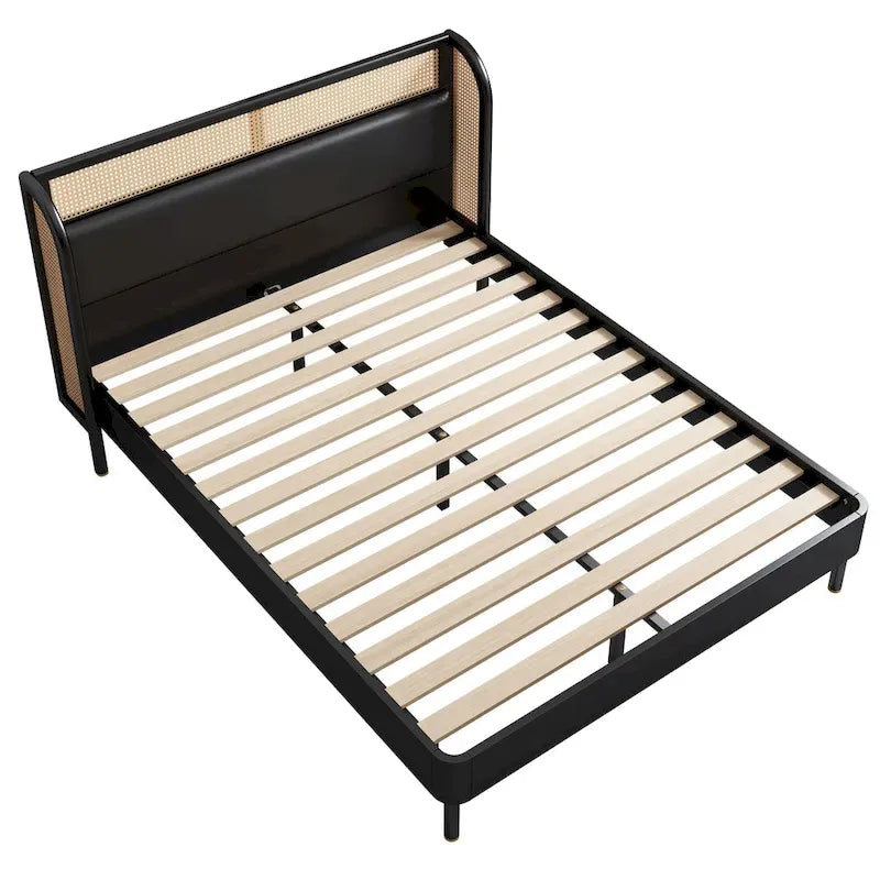 Cama Queen de plataforma de ratán negro, una plaza