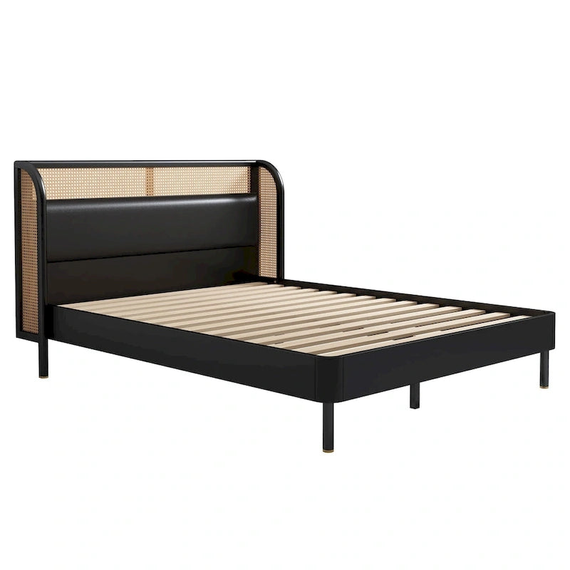 Cama Queen de plataforma de ratán negro, una plaza
