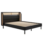Cama Queen de plataforma de ratán negro, una plaza