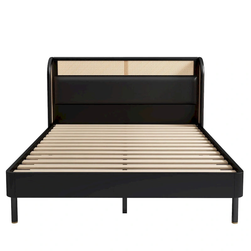 Cama Queen de plataforma de ratán negro, una plaza