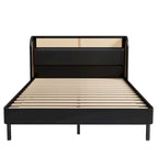 Cama Queen de plataforma de ratán negro, una plaza