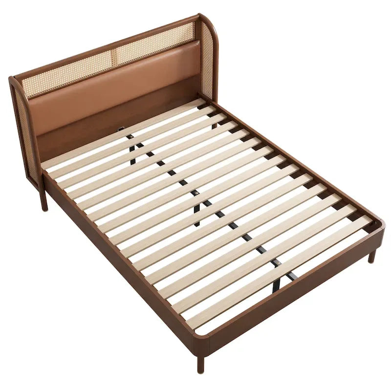 Cama Queen de plataforma de ratán negro, una plaza