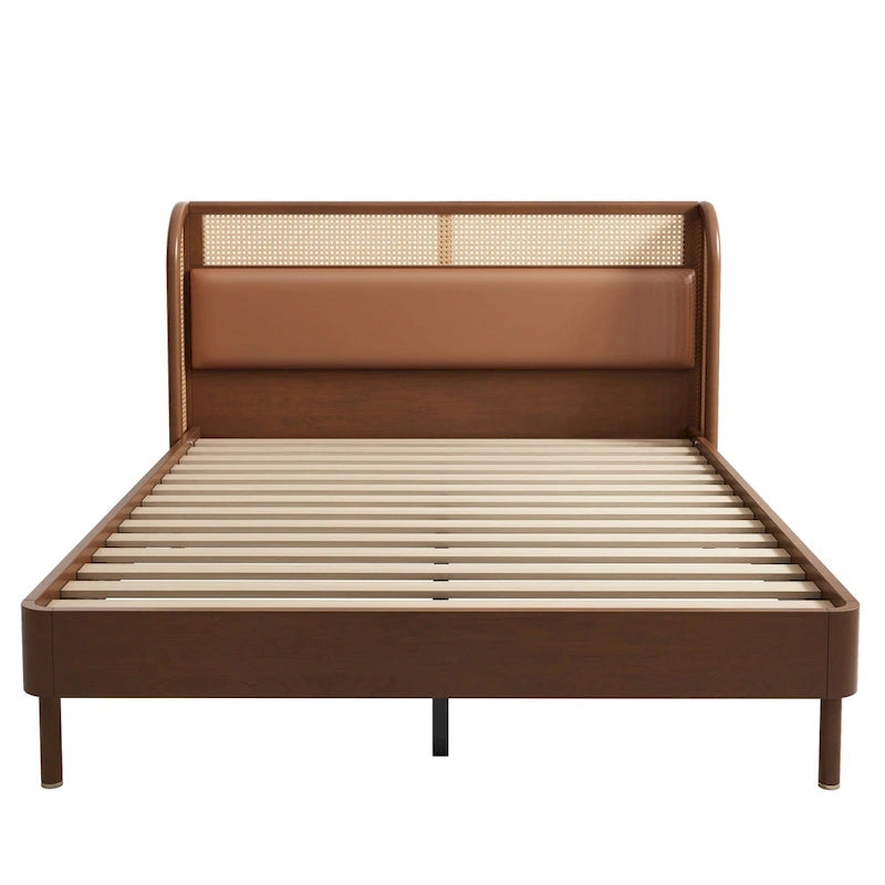 Cama Queen de plataforma de ratán negro, una plaza