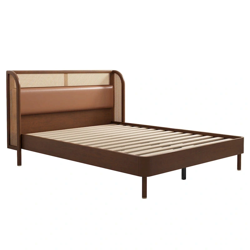 Cama Queen de plataforma de ratán negro, una plaza