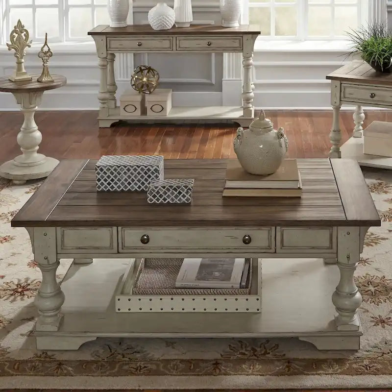 Mesa de centro superior de madera/chapado blanco envejecido
