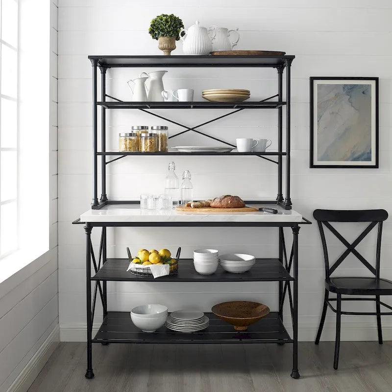 Mueble de cocina fijo con isla y alacena, tapa de madera, 2 piezas, color negro