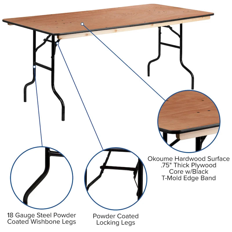 Mesa de banquete plegable de madera natural, rectangular, para 8 personas