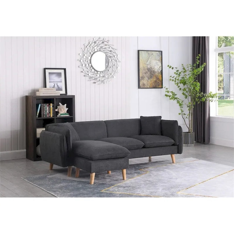 Seccional de tela naranja/gris oscuro/gris claro con chaise longue, multisillas