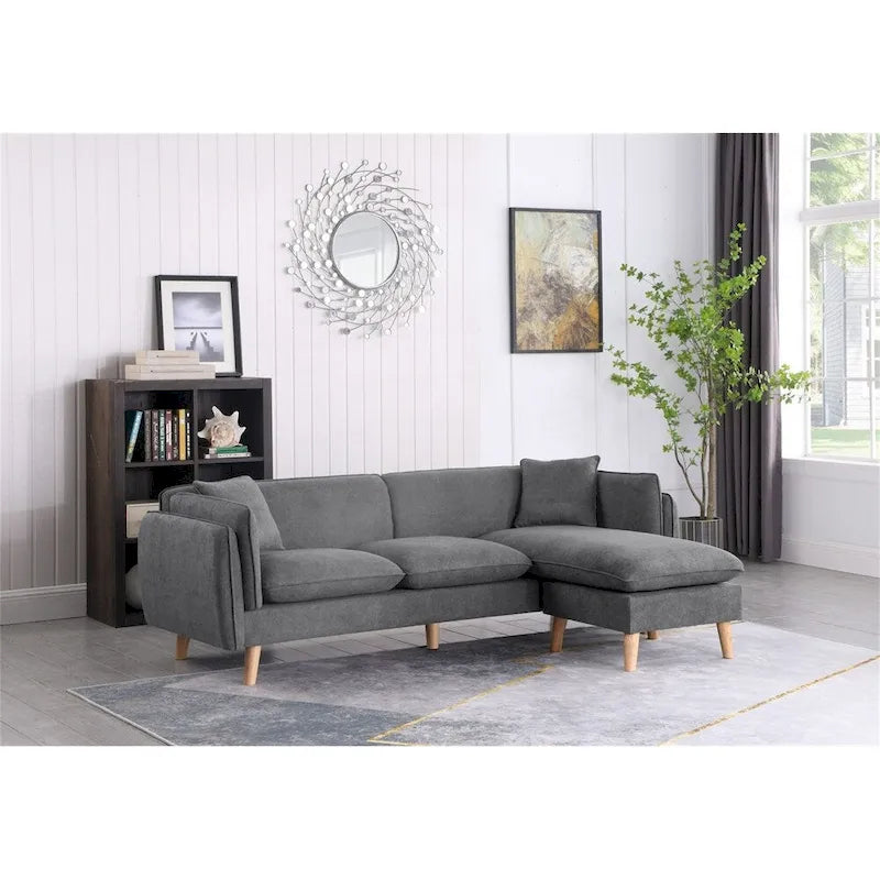 Seccional de tela naranja/gris oscuro/gris claro con chaise longue, multisillas