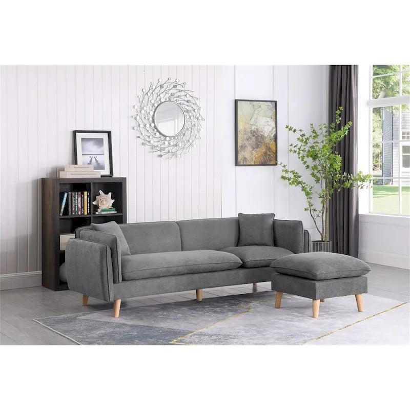 Seccional de tela naranja/gris oscuro/gris claro con chaise longue, multisillas