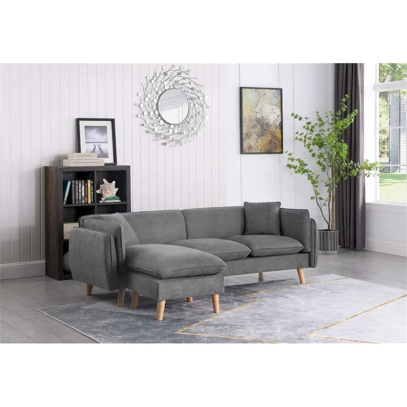 Seccional de tela naranja/gris oscuro/gris claro con chaise longue, multisillas
