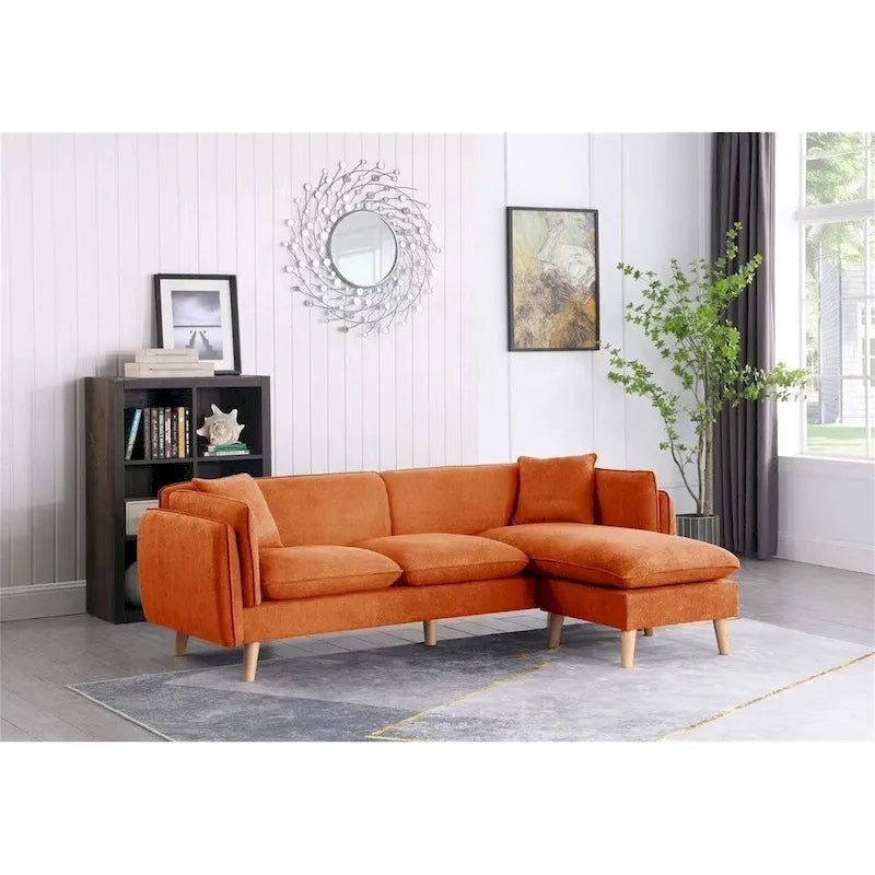 Seccional de tela naranja/gris oscuro/gris claro con chaise longue, multisillas