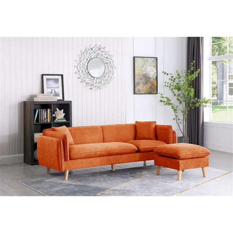Seccional de tela naranja/gris oscuro/gris claro con chaise longue, multisillas