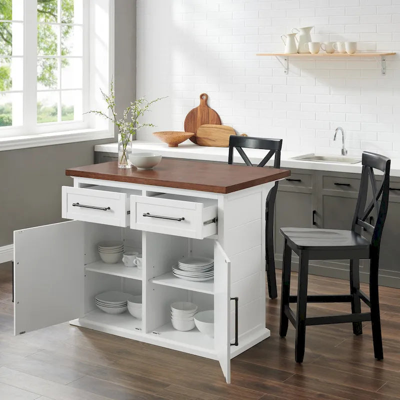 Isla de cocina con tapa de madera blanca y taburetes con respaldo en X, para 2 personas