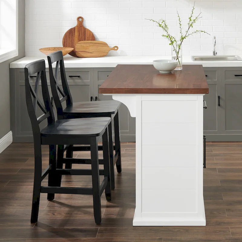 Isla de cocina con tapa de madera blanca y taburetes con respaldo en X, para 2 personas