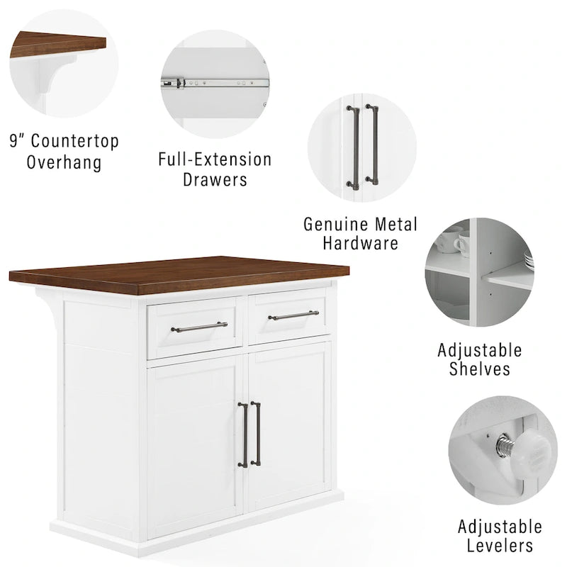 Isla de cocina con tapa de madera blanca y taburetes con respaldo en X, para 2 personas