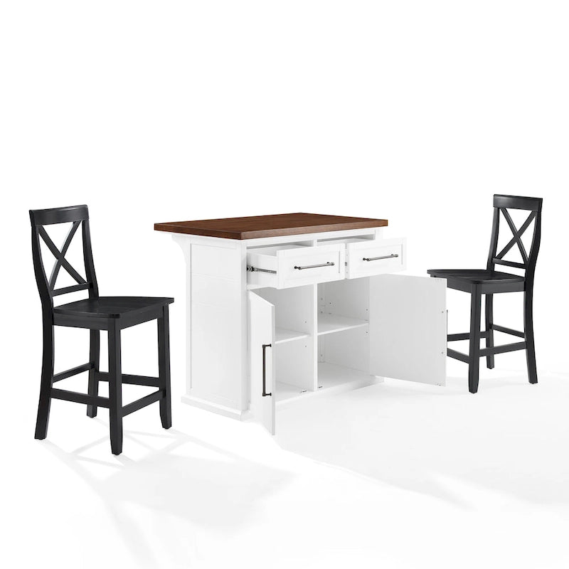 Isla de cocina con tapa de madera blanca y taburetes con respaldo en X, para 2 personas