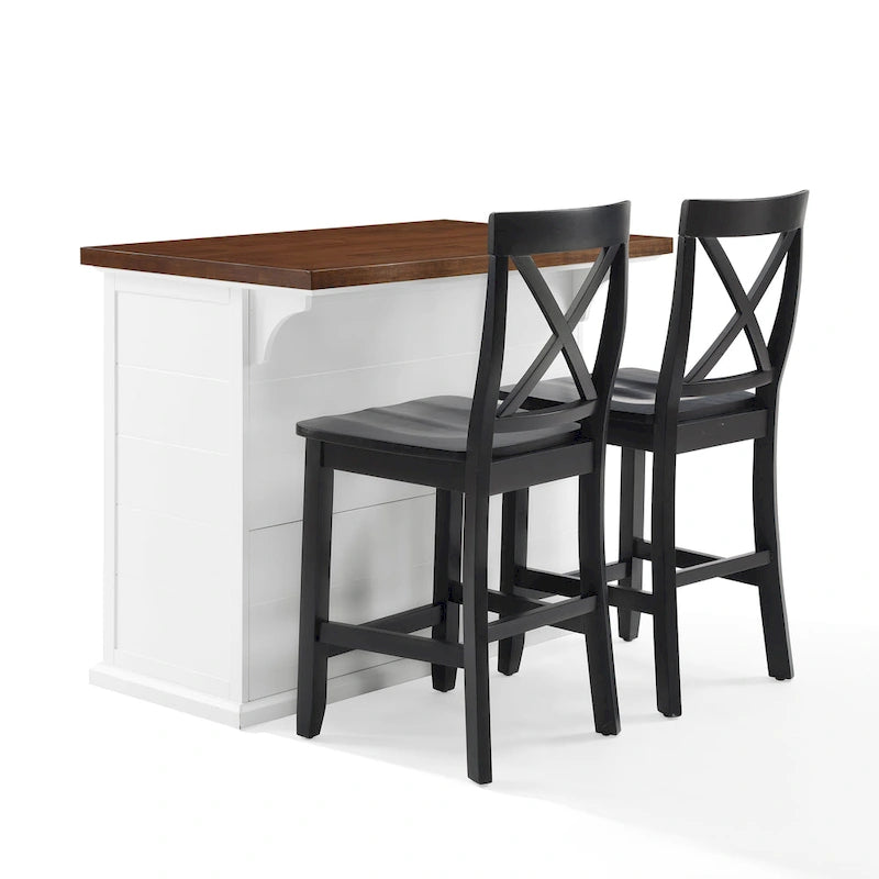 Isla de cocina con tapa de madera blanca y taburetes con respaldo en X, para 2 personas