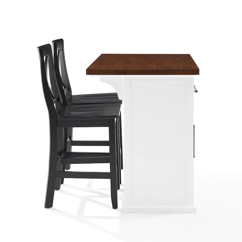Isla de cocina con tapa de madera blanca y taburetes con respaldo en X, para 2 personas