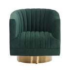 Sillón giratorio cilíndrico tapizado en canales Forest Green/Navy/Taupe y dorado, individual