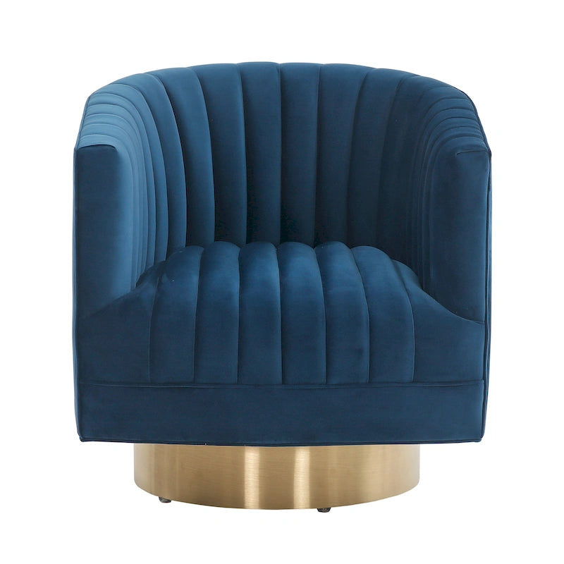 Sillón giratorio cilíndrico tapizado en canales Forest Green/Navy/Taupe y dorado, individual