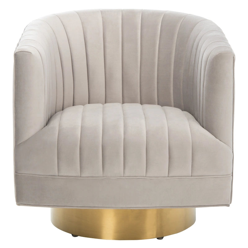 Sillón giratorio cilíndrico tapizado en canales Forest Green/Navy/Taupe y dorado, individual