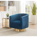 Sillón giratorio cilíndrico tapizado en canales Forest Green/Navy/Taupe y dorado, individual