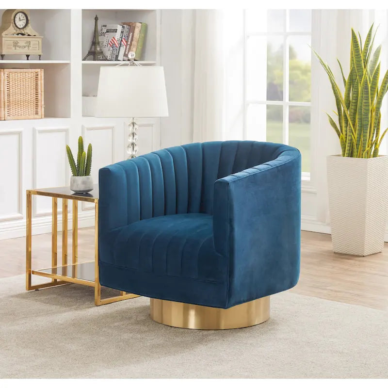 Sillón giratorio cilíndrico tapizado en canales Forest Green/Navy/Taupe y dorado, individual