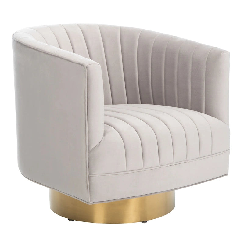 Sillón giratorio cilíndrico tapizado en canales Forest Green/Navy/Taupe y dorado, individual