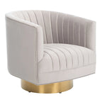 Sillón giratorio cilíndrico tapizado en canales Forest Green/Navy/Taupe y dorado, individual