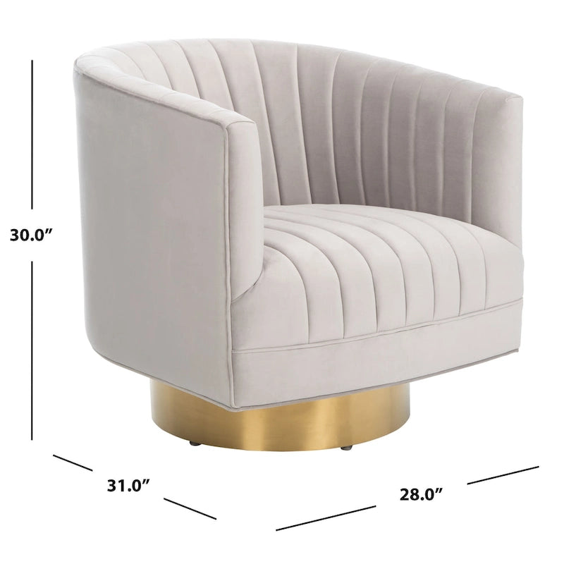 Sillón giratorio cilíndrico tapizado en canales Forest Green/Navy/Taupe y dorado, individual