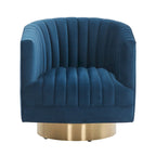 Sillón giratorio cilíndrico tapizado en canales Forest Green/Navy/Taupe y dorado, individual
