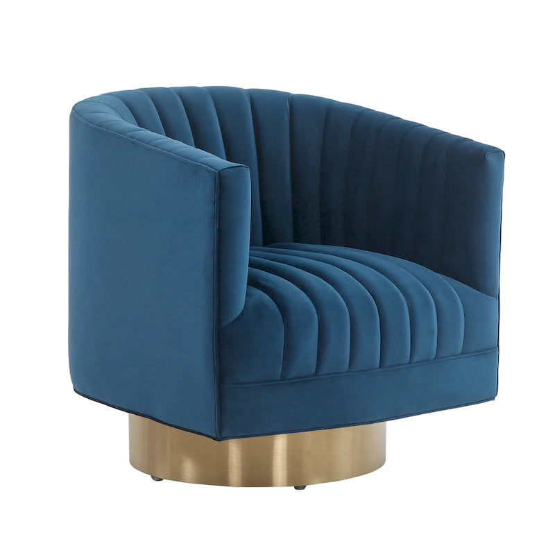 Sillón giratorio cilíndrico tapizado en canales Forest Green/Navy/Taupe y dorado, individual