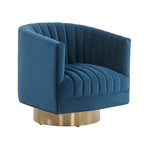 Sillón giratorio cilíndrico tapizado en canales Forest Green/Navy/Taupe y dorado, individual