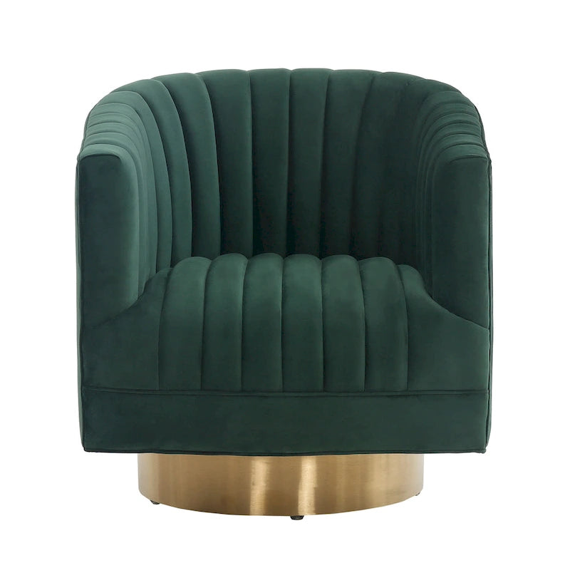 Sillón giratorio cilíndrico tapizado en canales Forest Green/Navy/Taupe y dorado, individual