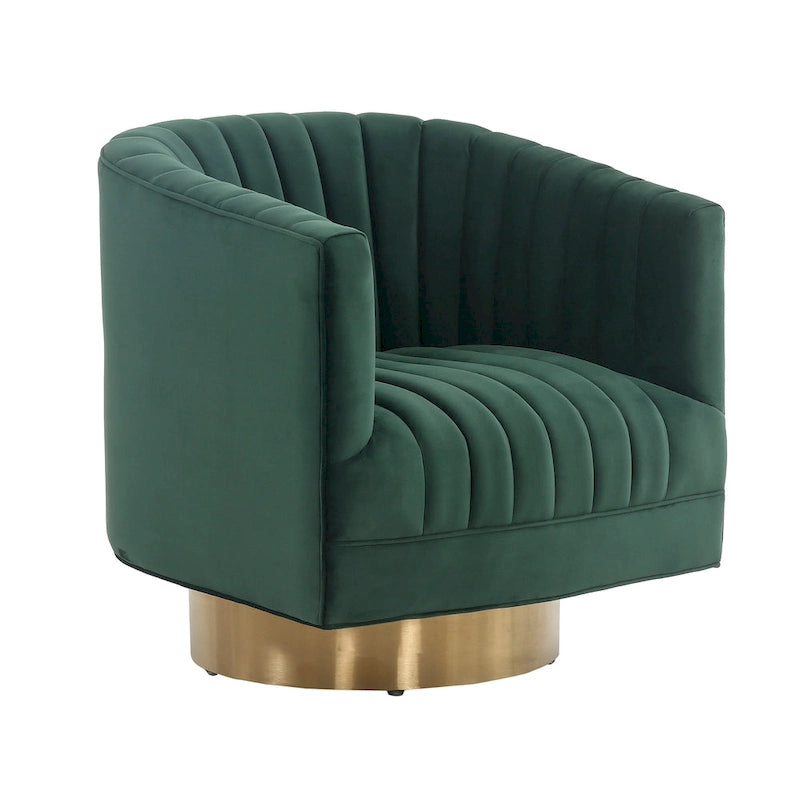 Sillón giratorio cilíndrico tapizado en canales Forest Green/Navy/Taupe y dorado, individual