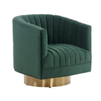 Sillón giratorio cilíndrico tapizado en canales Forest Green/Navy/Taupe y dorado, individual