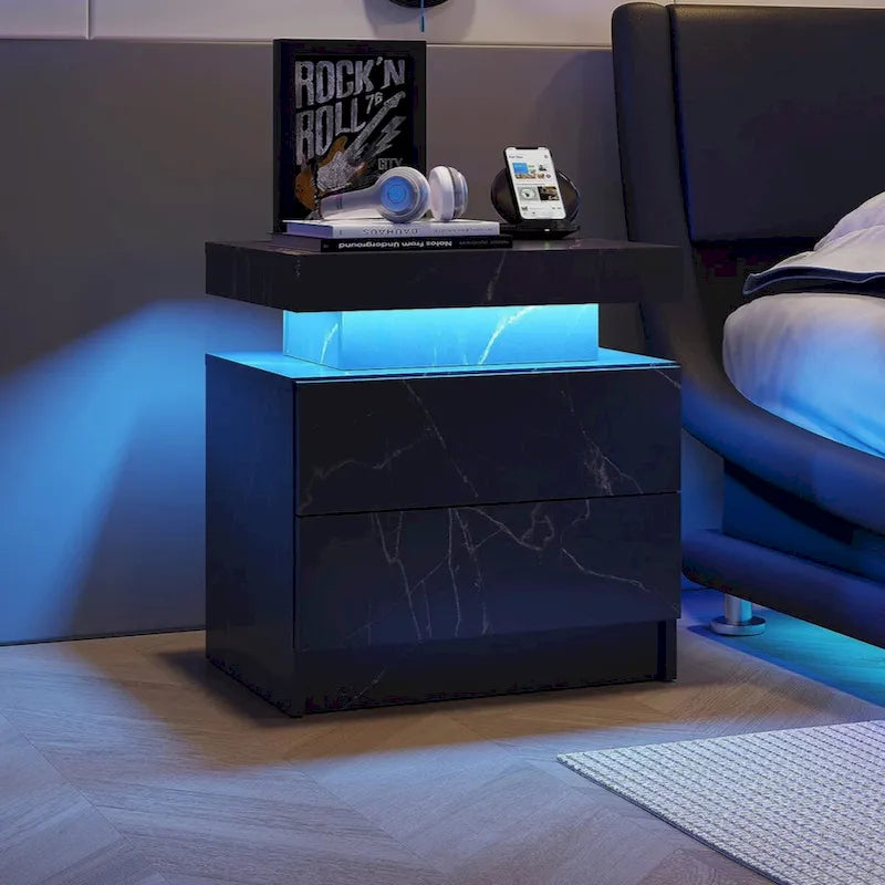 Mesita de Noche con LED Multicolor (Gris/Azul/Negro/Rosa/Blanco) y 2 Cajones – Un Solo Uso