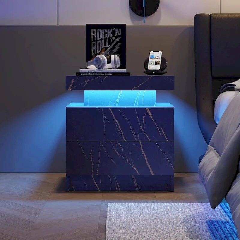 Mesita de Noche con LED Multicolor (Gris/Azul/Negro/Rosa/Blanco) y 2 Cajones – Un Solo Uso