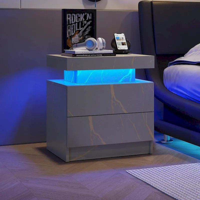 Mesita de Noche con LED Multicolor (Gris/Azul/Negro/Rosa/Blanco) y 2 Cajones – Un Solo Uso