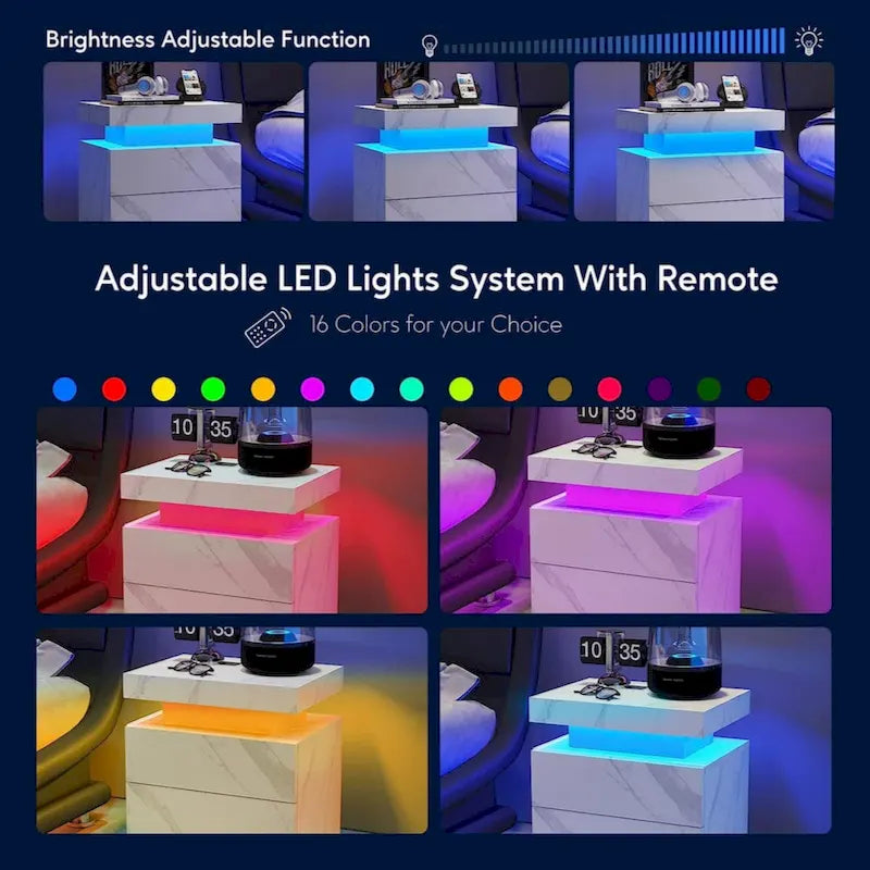 Mesita de Noche con LED Multicolor (Gris/Azul/Negro/Rosa/Blanco) y 2 Cajones – Un Solo Uso
