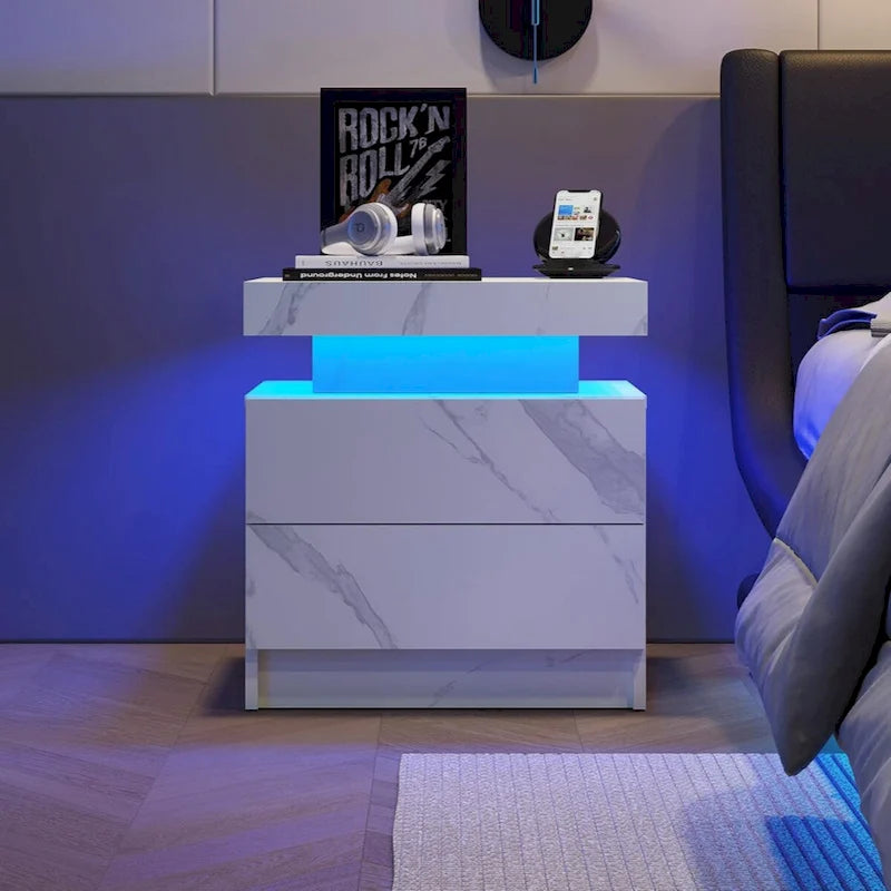 Mesita de Noche con LED Multicolor (Gris/Azul/Negro/Rosa/Blanco) y 2 Cajones – Un Solo Uso