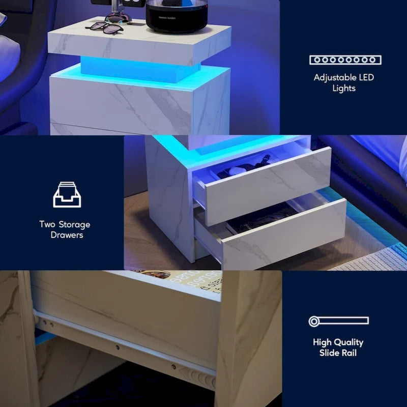 Mesita de Noche con LED Multicolor (Gris/Azul/Negro/Rosa/Blanco) y 2 Cajones – Un Solo Uso