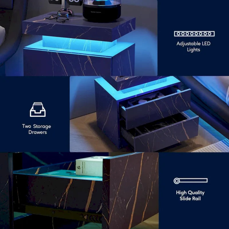Mesita de Noche con LED Multicolor (Gris/Azul/Negro/Rosa/Blanco) y 2 Cajones – Un Solo Uso